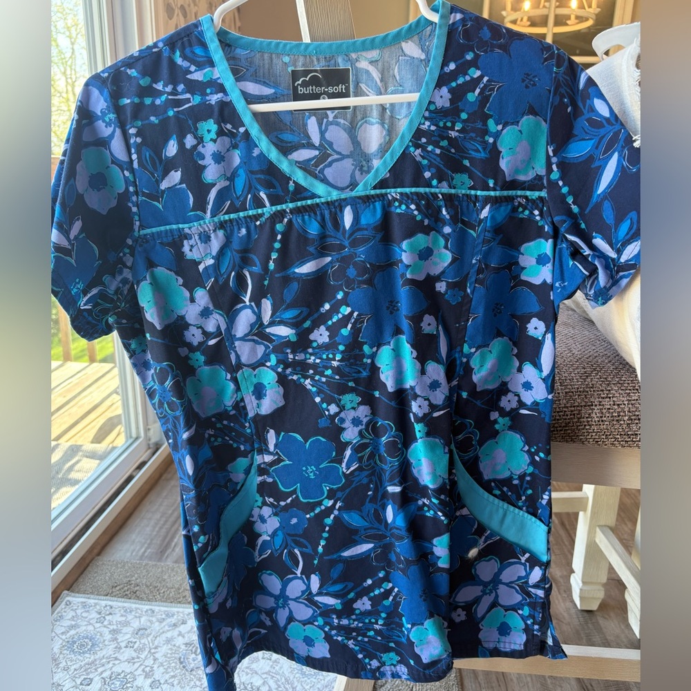 Blue Floral Scrub Top
